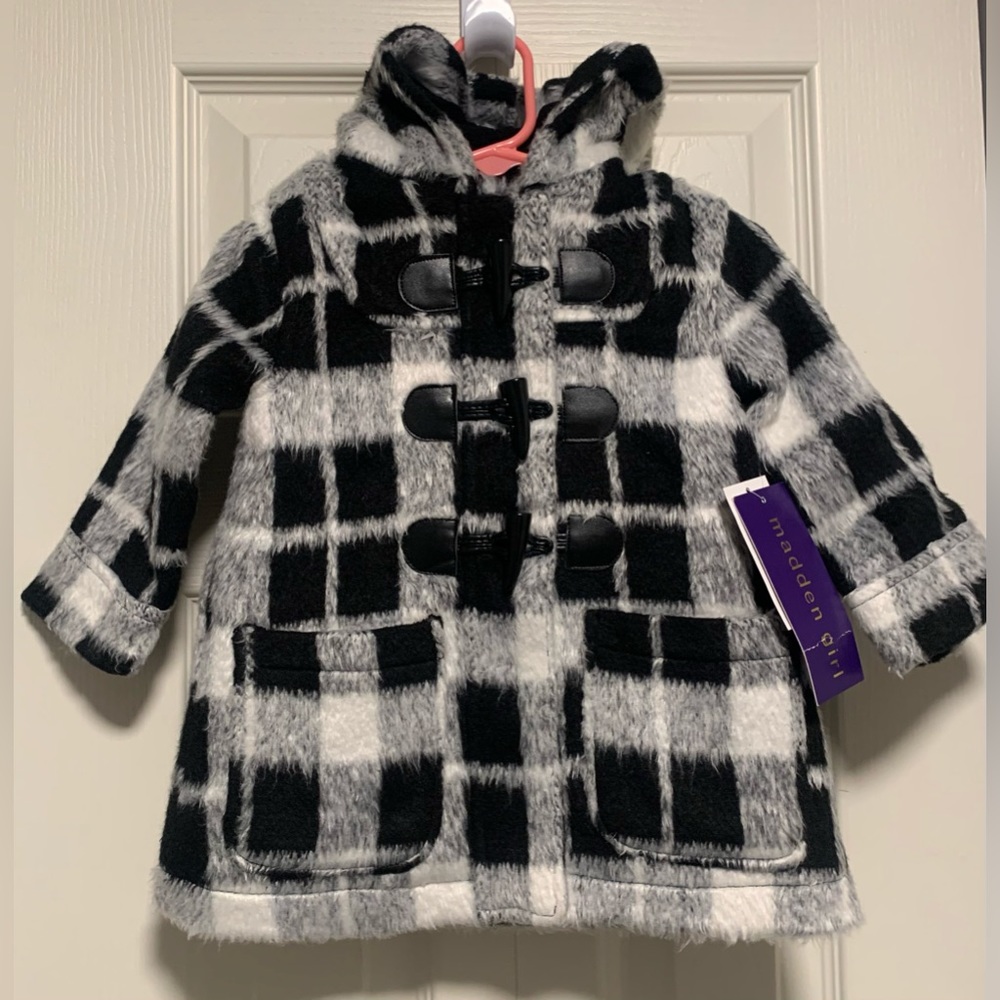 NWT Madden Girl Black Plaid Little Girl’s Coat size 18 Months